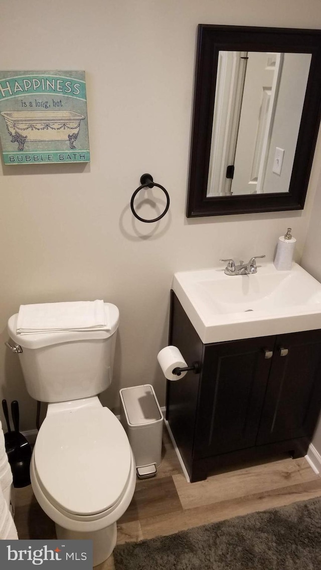 bathroom featuring vanity, toilet, and wood finished floors