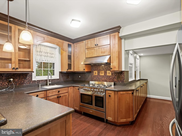 11116 Liberty Rd, Owings Mills, MD 21117 - kitchen with appliances with stainless steel finishes, a sink, under cabinet range hood, dark countertops, and decorative backsplash