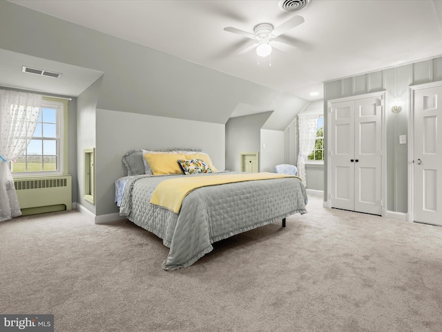 11116 Liberty Rd, Owings Mills, MD 21117 - carpeted bedroom with radiator, baseboards, lofted ceiling, and a ceiling fan