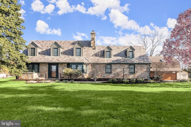 11116 Liberty Rd, Owings Mills, MD 21117 - cape cod home with a chimney, a front lawn, and stone siding
