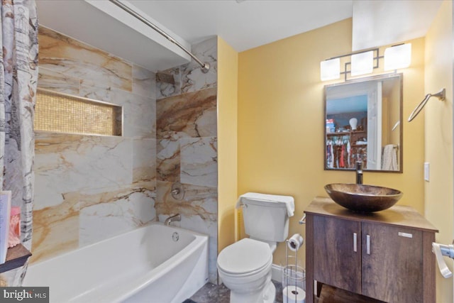 bathroom with toilet, shower / bathtub combination with curtain, and vanity