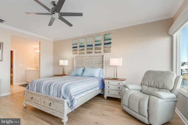 bedroom with visible vents, light wood-style floors, ornamental molding, connected bathroom, and baseboards