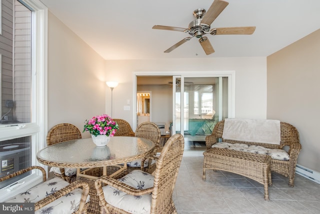 dining space with tile patterned flooring, a ceiling fan, and heating unit