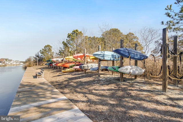 view of jungle gym with a dock