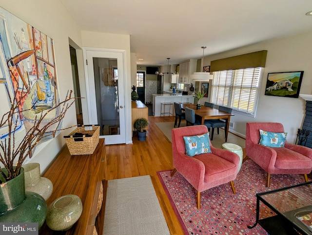 living room featuring french doors and light wood-style floors