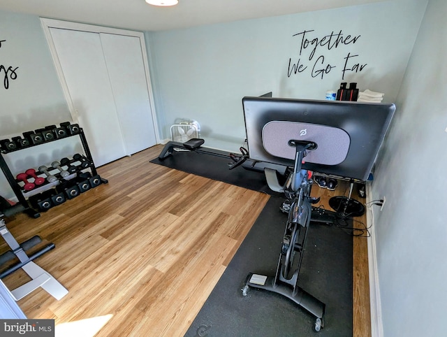 workout room featuring wood finished floors