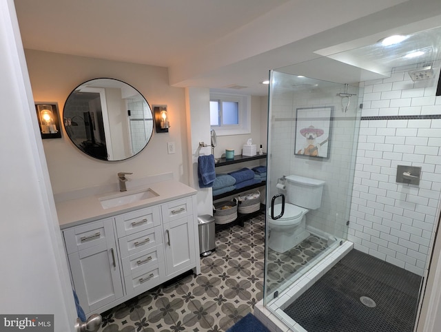 full bathroom with a shower stall, vanity, and toilet