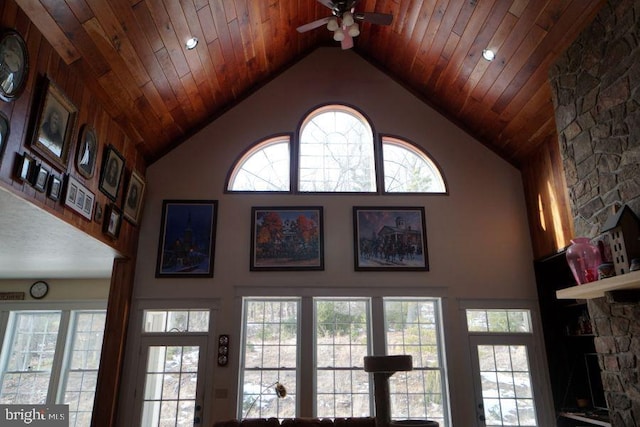 details with ceiling fan, wooden ceiling, and a fireplace