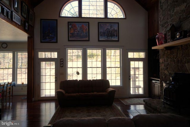 living room with a wood stove, high vaulted ceiling, and dark wood-style flooring