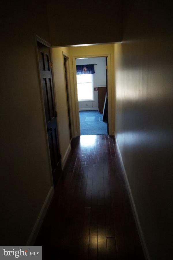 hall featuring baseboards and dark wood-type flooring