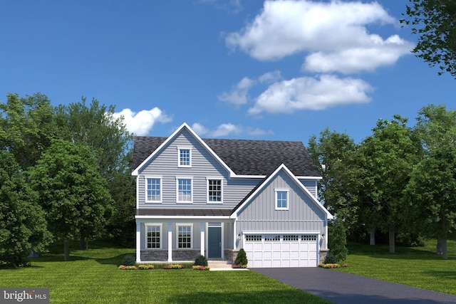 view of front of house featuring board and batten siding, roof with shingles, a front lawn, and aphalt driveway