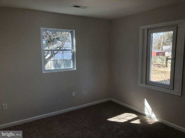 carpeted empty room with plenty of natural light, visible vents, and baseboards