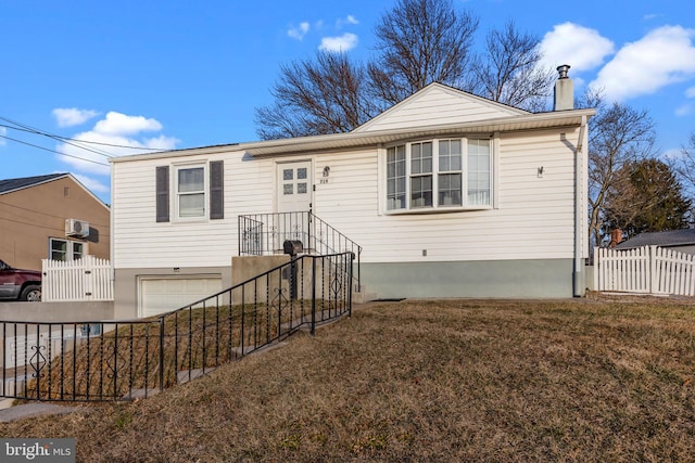 single story home featuring fence, a chimney, and an attached garage