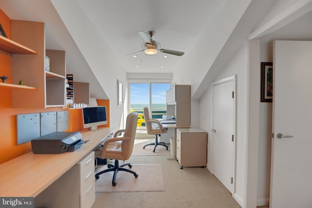 home office with recessed lighting, a ceiling fan, and light colored carpet