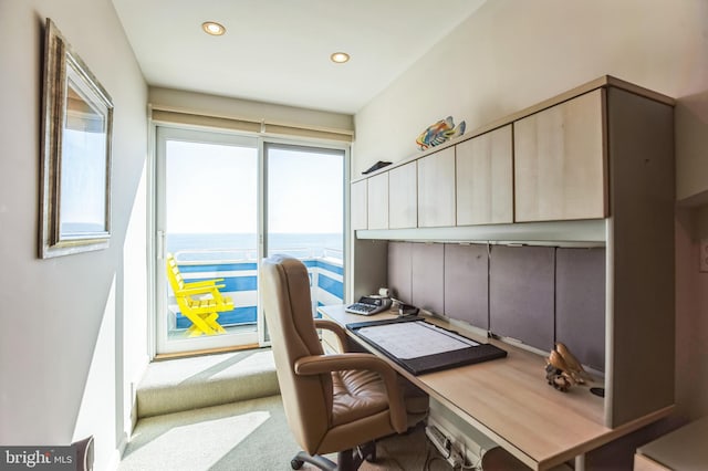 carpeted home office featuring recessed lighting