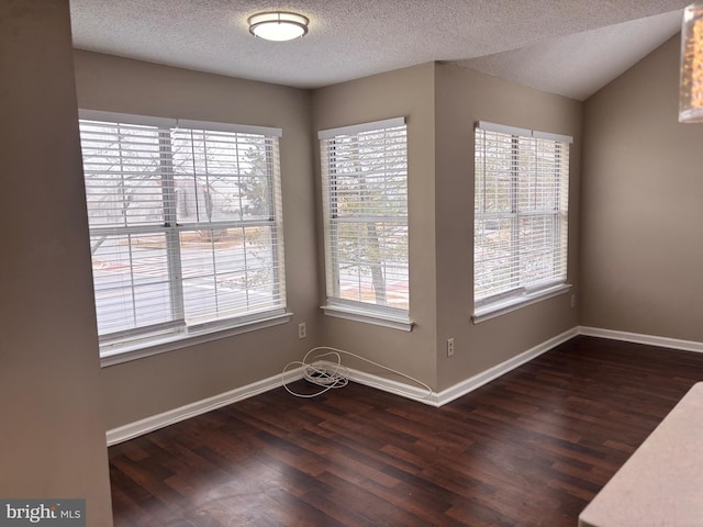 empty room featuring lofted ceiling, a textured ceiling, baseboards, and dark wood-style flooring