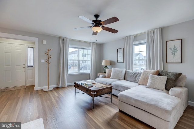 living room featuring wood finished floors, a wealth of natural light, and baseboards