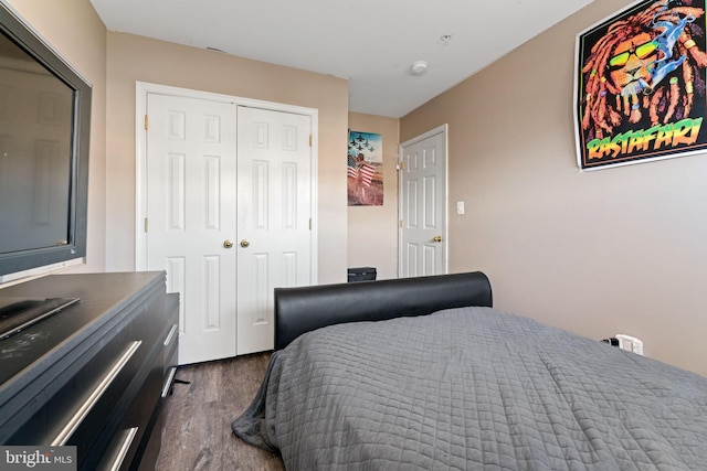 bedroom with dark wood finished floors and a closet