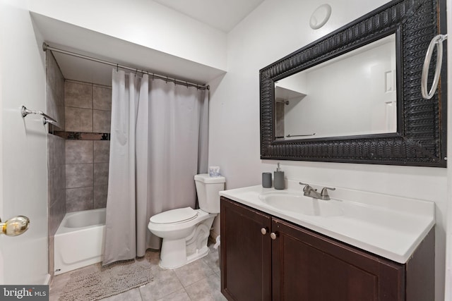 full bath featuring vanity, shower / bath combination with curtain, toilet, and tile patterned flooring