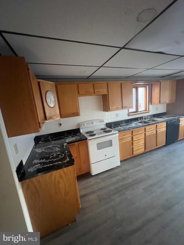 kitchen featuring white range with electric stovetop, dark wood finished floors, brown cabinets, and dishwasher