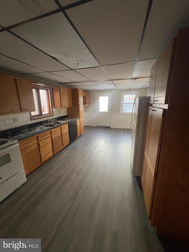 kitchen featuring dark wood-style floors, dark countertops, a paneled ceiling, a sink, and white appliances