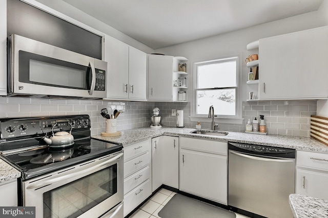 kitchen featuring open shelves, backsplash, appliances with stainless steel finishes, white cabinetry, and a sink