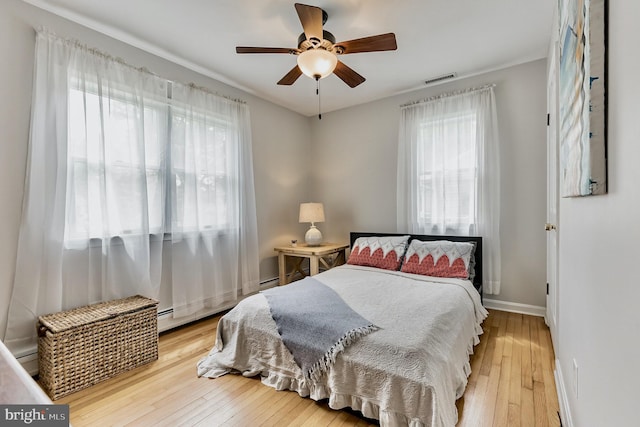 bedroom with light wood-type flooring, visible vents, multiple windows, and baseboards