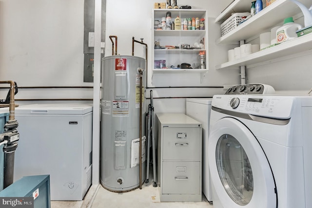 laundry area featuring laundry area, washer and clothes dryer, and electric water heater