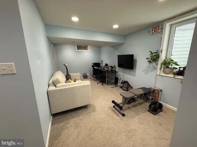 interior space featuring baseboards, carpet flooring, and recessed lighting