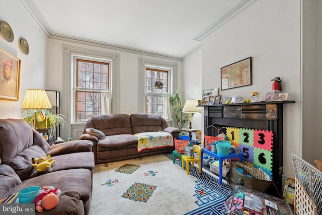 living room featuring crown molding