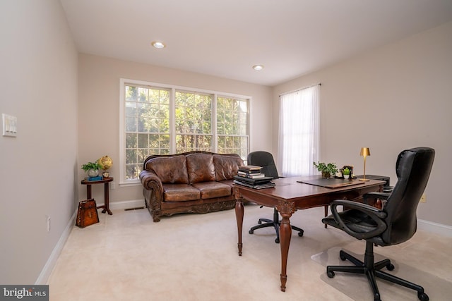 office with light carpet, recessed lighting, visible vents, and baseboards