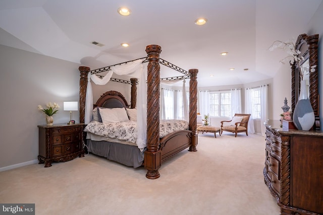 bedroom featuring light carpet, baseboards, visible vents, and recessed lighting