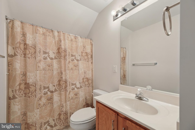 full bathroom featuring lofted ceiling, vanity, and toilet