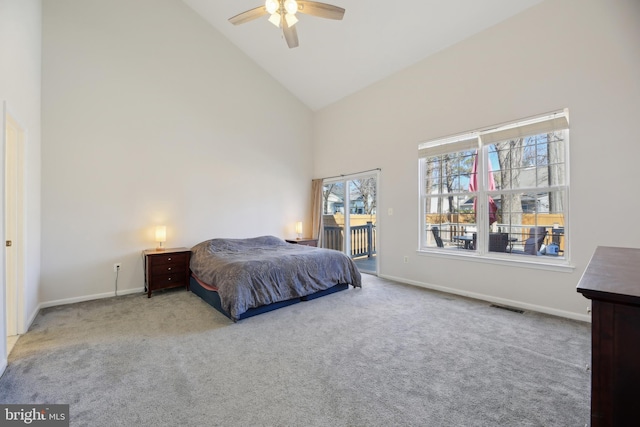 carpeted bedroom featuring visible vents, baseboards, ceiling fan, access to outside, and high vaulted ceiling