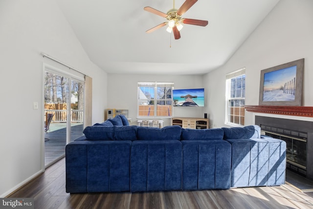 living room with lofted ceiling, a glass covered fireplace, plenty of natural light, and wood finished floors