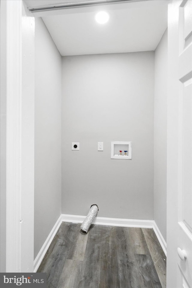 laundry area with baseboards, washer hookup, dark wood-style flooring, and electric dryer hookup