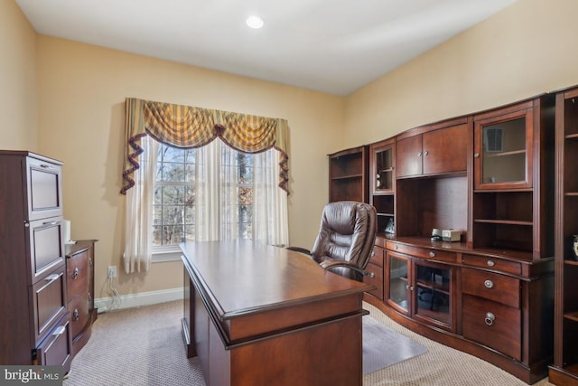 office area with recessed lighting, carpet, and baseboards