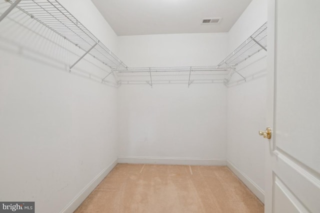 spacious closet featuring light colored carpet and visible vents