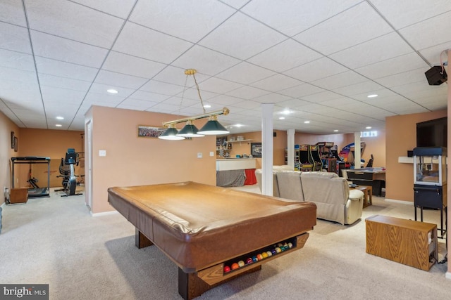 recreation room featuring light carpet, recessed lighting, baseboards, and pool table