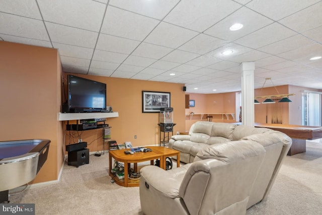 living room with a drop ceiling, recessed lighting, light carpet, billiards, and baseboards