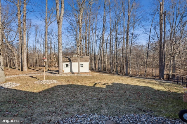 view of yard with an outbuilding and a storage shed