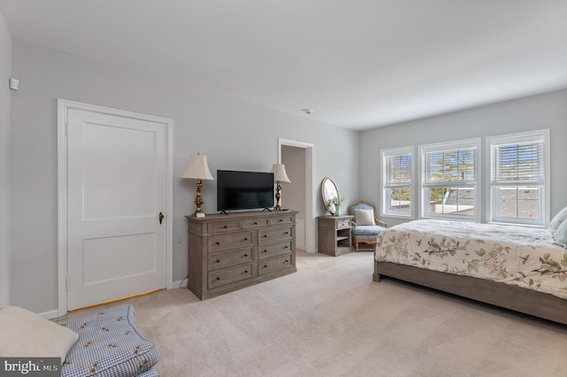 bedroom featuring baseboards and light colored carpet