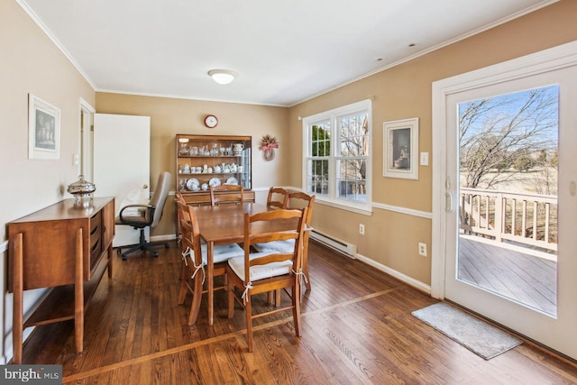 dining room featuring baseboards, dark wood-style flooring, and ornamental molding