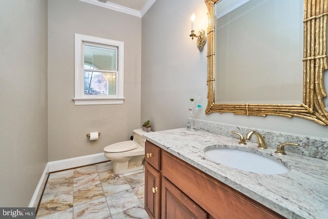 half bath featuring vanity, toilet, baseboards, and ornamental molding