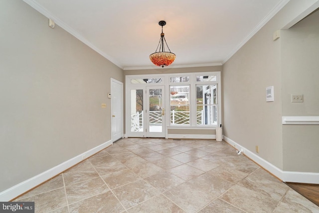 unfurnished dining area featuring baseboards and ornamental molding