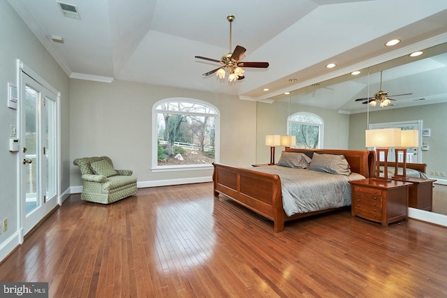 bedroom with visible vents, recessed lighting, baseboards, and wood-type flooring