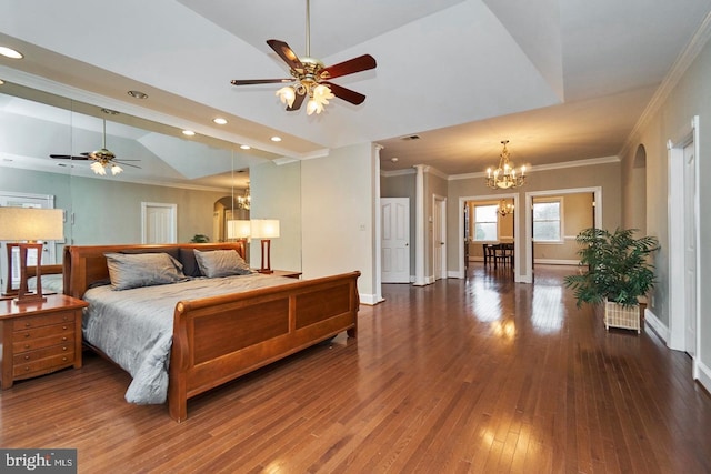 bedroom featuring baseboards, an inviting chandelier, recessed lighting, wood-type flooring, and crown molding