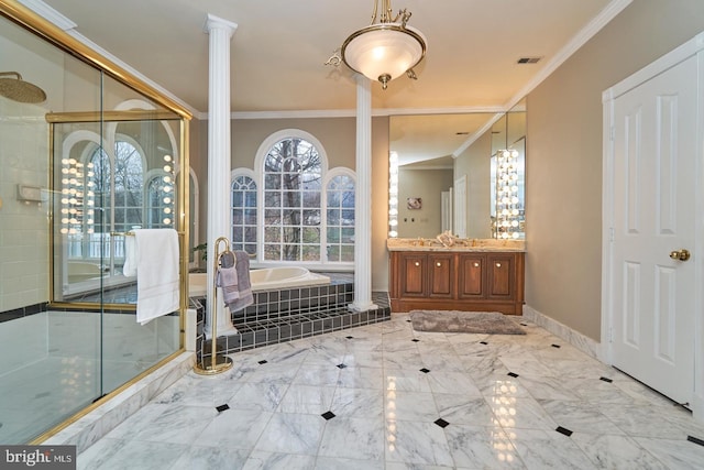 full bath with visible vents, crown molding, a garden tub, decorative columns, and vanity