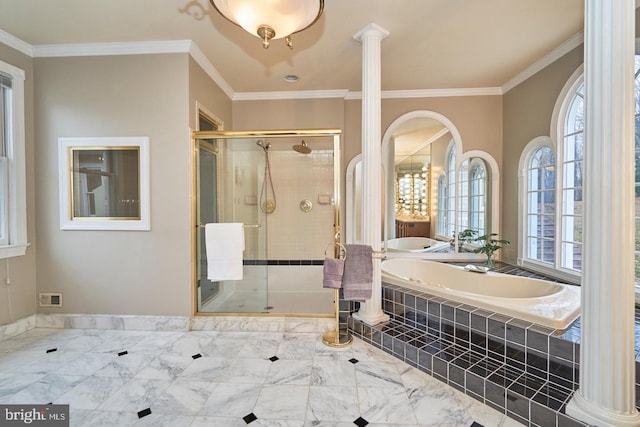 bathroom with a stall shower, a wealth of natural light, and ornamental molding