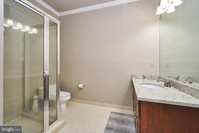 full bathroom featuring vanity, baseboards, a stall shower, ornamental molding, and tile patterned floors